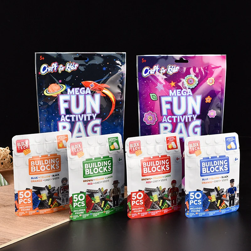 Custom Printed Candy Building Blocks Toy Blind Box Packaging Packet Pouch Stand up Plastic Mylar Bag with Zipper Hanger Hole