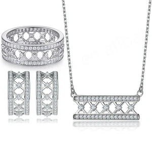 Forever Star 925 Sterling Silver Platinum Plated Women's 3-Piece Geometry Lab Diamond Jewelry Set with Necklace & Gemstone Rings