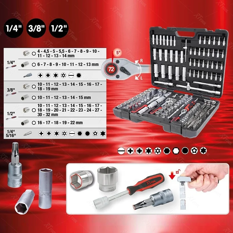 RTTOOL 195Pcs Box Case Combo Package Wrench Socket Tool Sets
