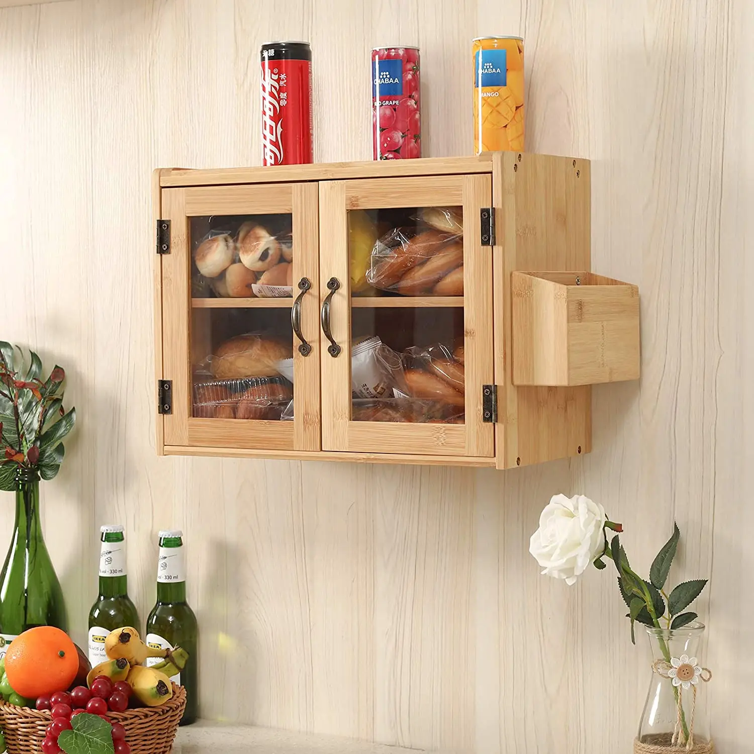 Large Capacity Bamboo Bread Box Clear Window Food Storage Bin 2-Shelf Food Safe Space-Saving Multi-functional for Kitchen