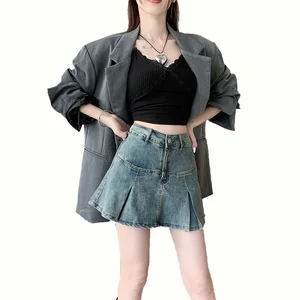 Autumn Custom Vintage Denim Skirt Women Fashion High-waisted A-line Skirt Short I-line Pleated Hip Skirt