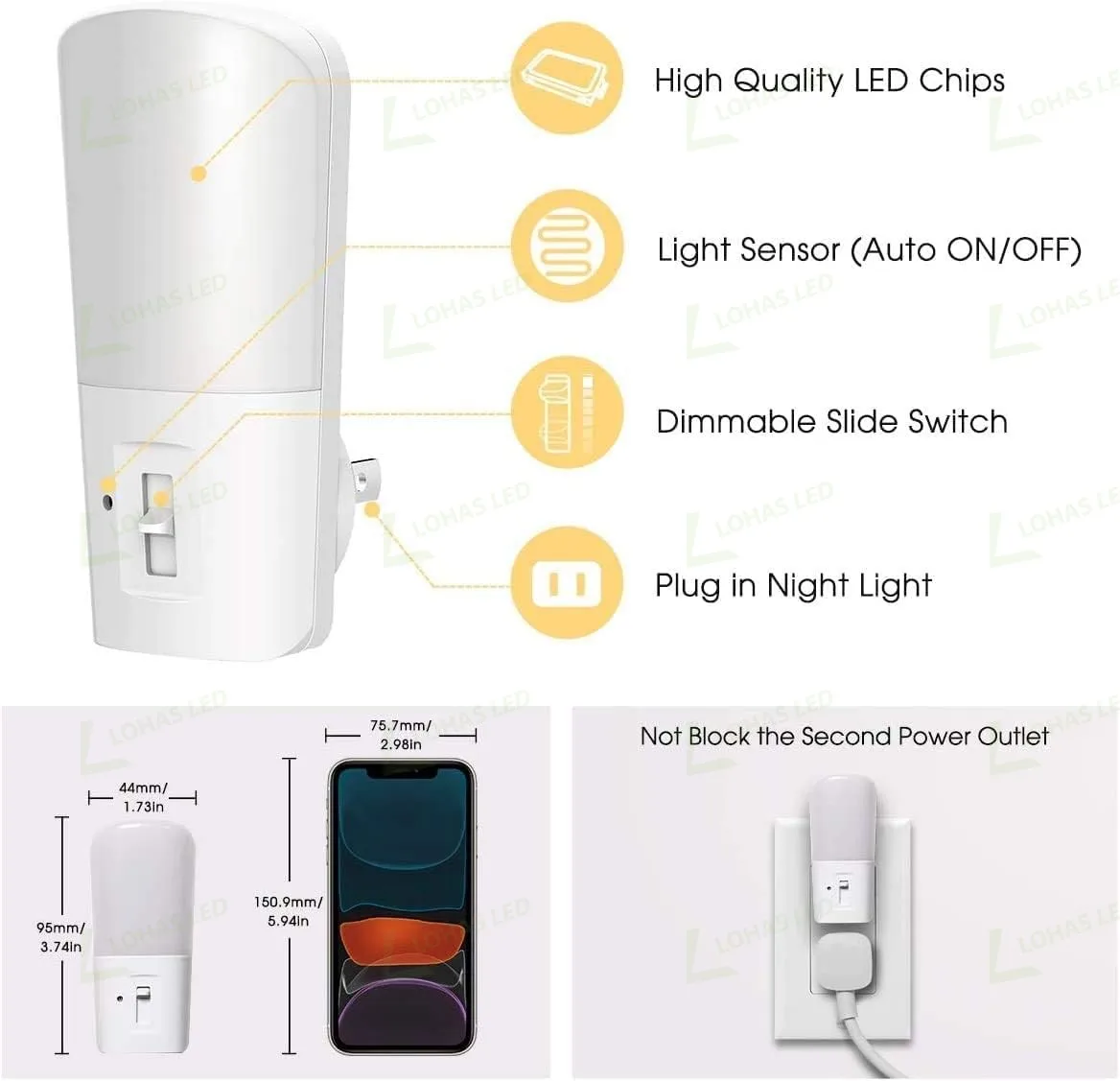 LOHAS Dimmable LED Night Light for Kids Baby Plug Into Outlet with Dusk Dawn Sensor for Bedroom Room Made From PC Material