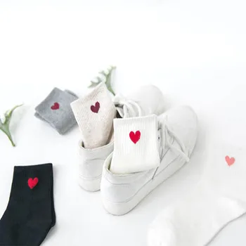 Cheap Wholesale Women 100% Cotton Socks Japanese Love Heart Pattern Lady White Ankle Socks Women