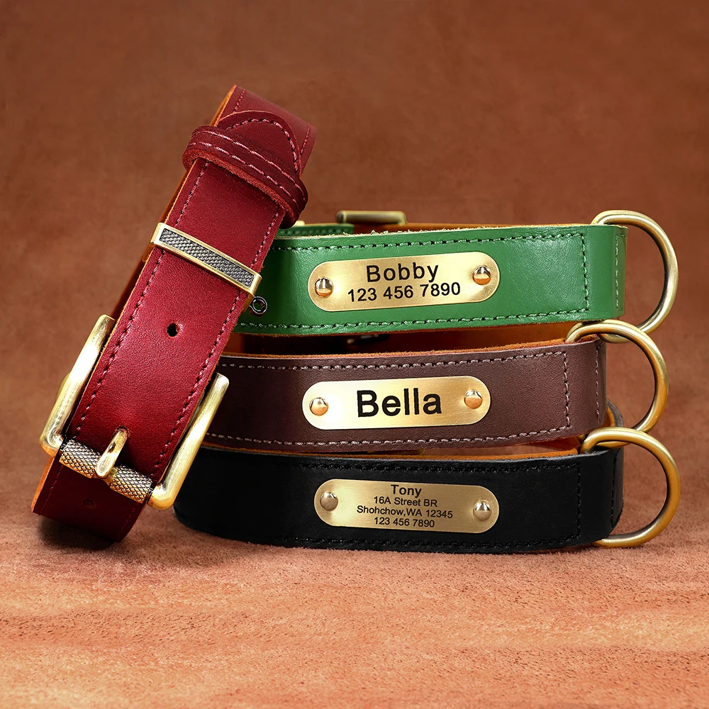 Genuine Leather Dog Collar Leash Set Custom Leather Dog Tag Collars