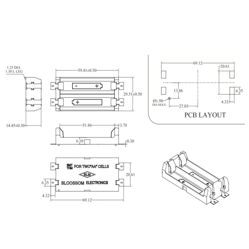 Single Double AA Battery SMT Holder with Gold Plated and 14500 Battery Holder