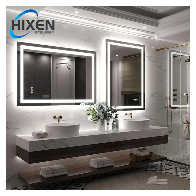 HIXEN simple design touch screen rectangle smart hotel bathroom illuminated led mirror