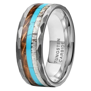 Coolstyle Jewelry New Design 8mm Men Women Trendy Engagement Wedding Band Whisky Wood Deer Antler Turquoise Inlay Tungsten Ring
