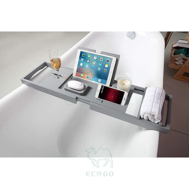 Luxury Grey Extendable Bath Tub Caddy Bathroom Trays With Tablet Phone