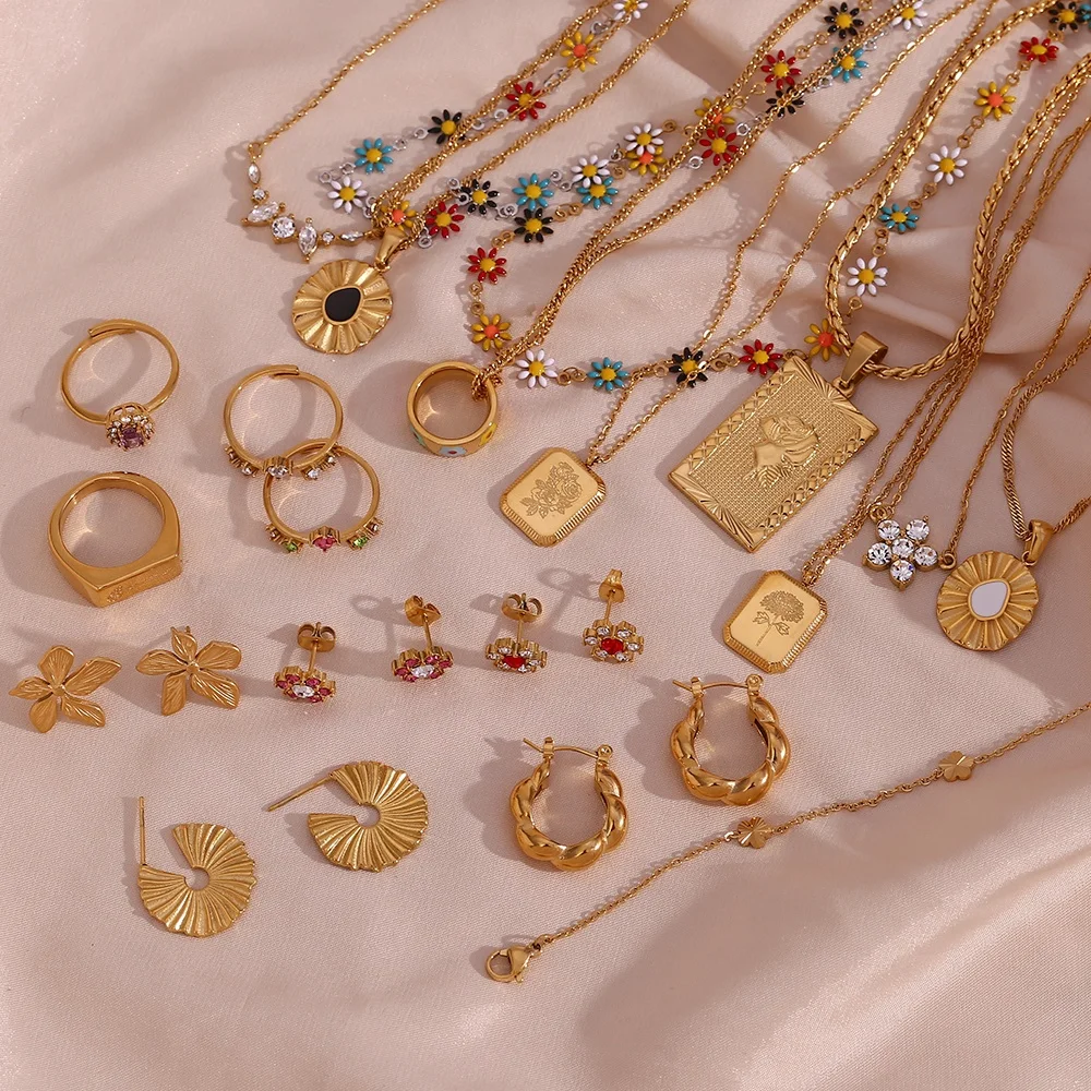 Spring Fashion Jewelry Set Flower Design 18k Gold Plated Stainless