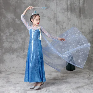 Frozen Princess Girls Dress Sequined Elsa Design Long Sleeve Tail for Children's Day Performance Summer Knee-Length Dress
