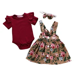 Wholesale Baby Cute Dress Two-Piece Short Sleeve Printed Strappy Baby Dress
