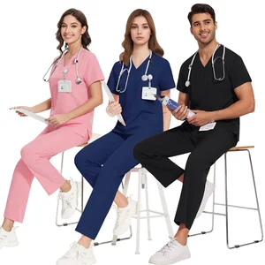 V-neck Short Sleeve Nurses' Uniform Unisex Elastic Wrinkle Resistant Breathable Medical Scrub Suit Multi-Pockets Two Pieces Set