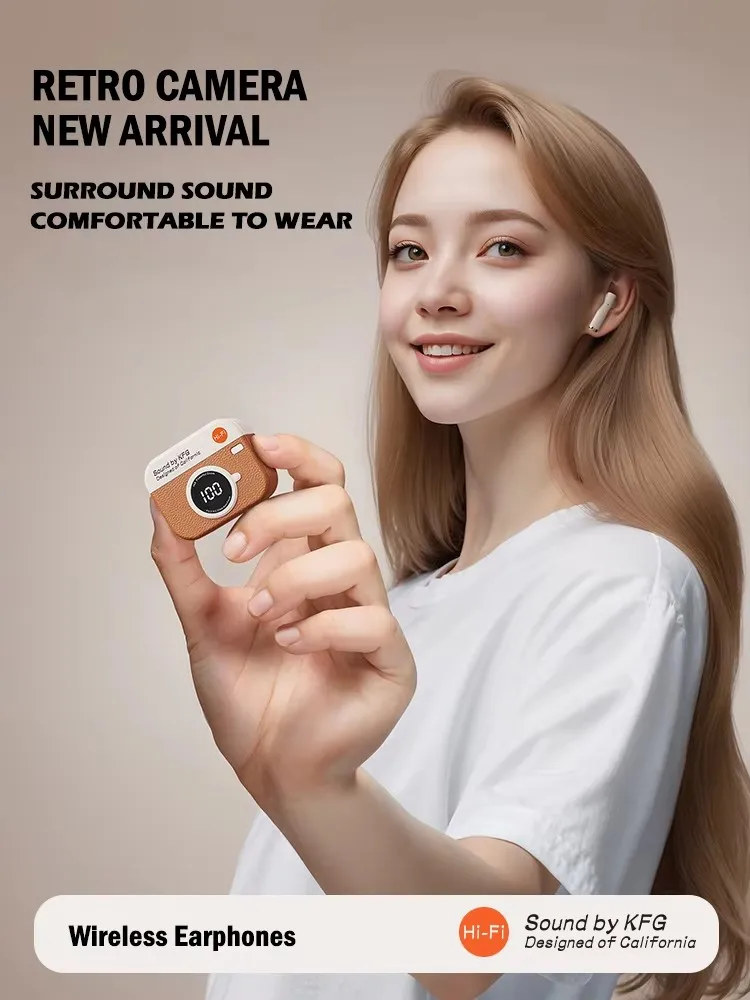 X73 Retro Camera Leather Grain Design Wireless Earbuds Semi-In-Ear Earphones With Screen Digital Display and Gaming Low Latency