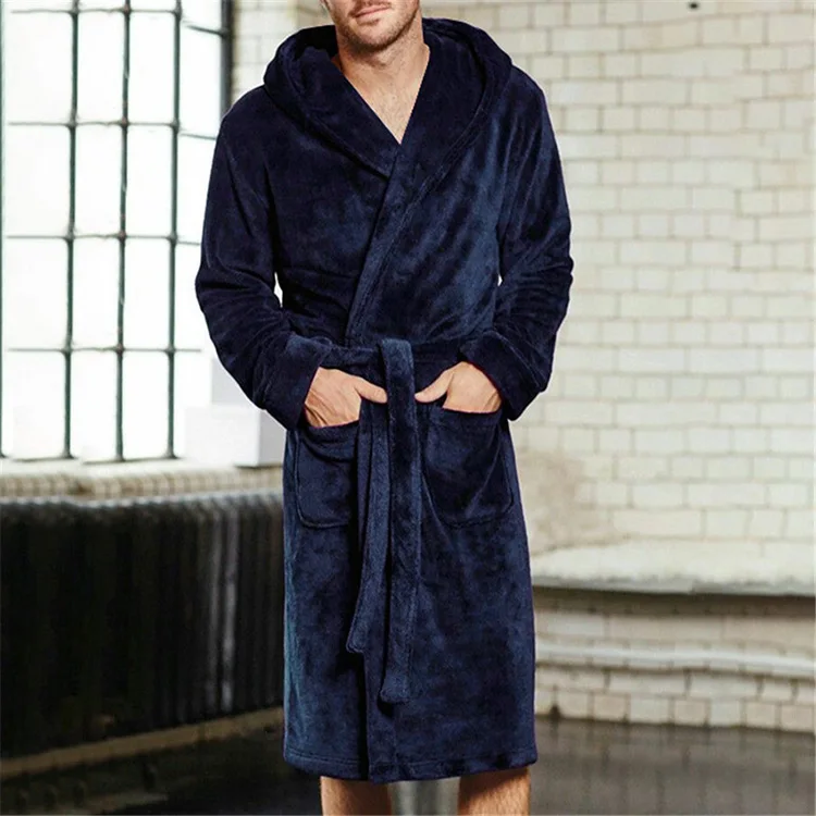 Fall Winter Double Hooded Navy Blue  Micro Flannel Night Robes For Men