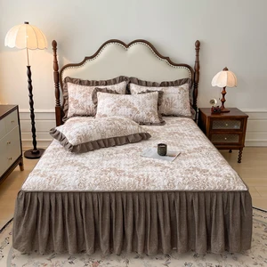 Wholesale Bed Skirts Set Double Layer Bedspread Floral Printed Bilateral Bed Skirt + 2 Pieces of Pillowcase Bed Sheets