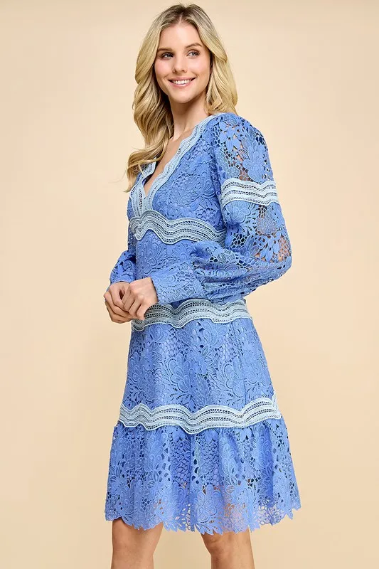 Elegant Ladies Dress With V-neck Lace Solid Pattern And Puff Sleeves Sweet Style Natural Waistline For Parties - Image 3