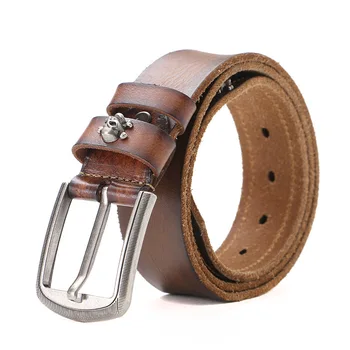 Factory Custom Full Grain Leather Men's Belt 3.8cm Width Cow Hide Material Pin Buckle Size Customization