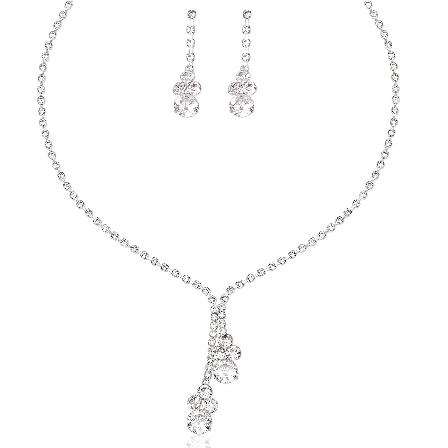 Korean Style Simple Silver Two-Piece Fashion Jewelry Set Zircon Necklace Earrings for Bride Wedding Anniversary Banquet Dress