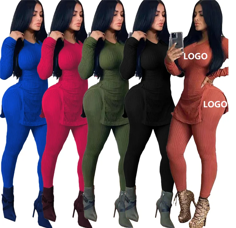 Женский трикотажный свитер из рубчатой ткани с логотипом на заказ комплект двух предметов весна