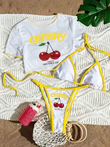 Factory Custom New Sexy cherry Print 3 Piece Bikini With Tank Top Triangle Halter Swimsuit Women Thong Swimwear