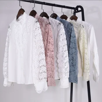 Wholesale hot spring/summer women's lace O collar shirt hollowed out long sleeve women's shirt