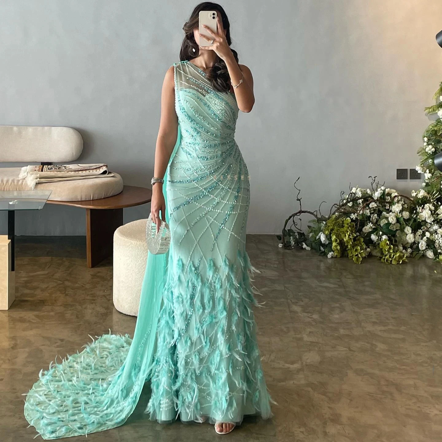 Luxury Aqua Turquoise One Shoulder Mermaid Evening Dress Cape Train Long  Prom Wedding Party Gowns Sz498-1 3D Pattern Pleat