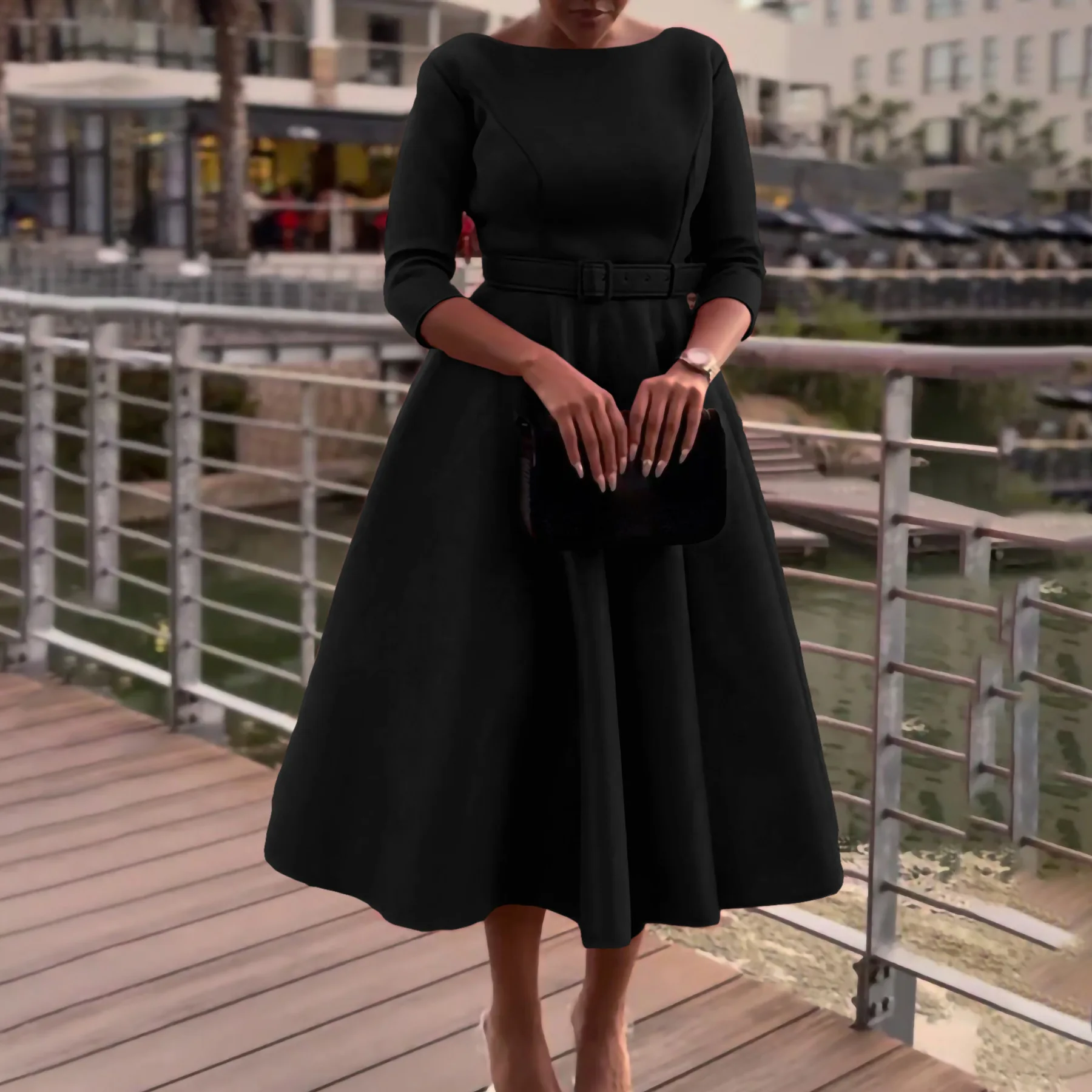 ZHEZHE Fashion Plus Size Women's Clothing Lady Elegant Casual Luxury Round Neck Medium Sleeve Dresses