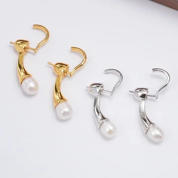 Light Luxury Gold/Silver Curved Telephone Teardrop Natural Spiral Pearl Hoop Earrings
