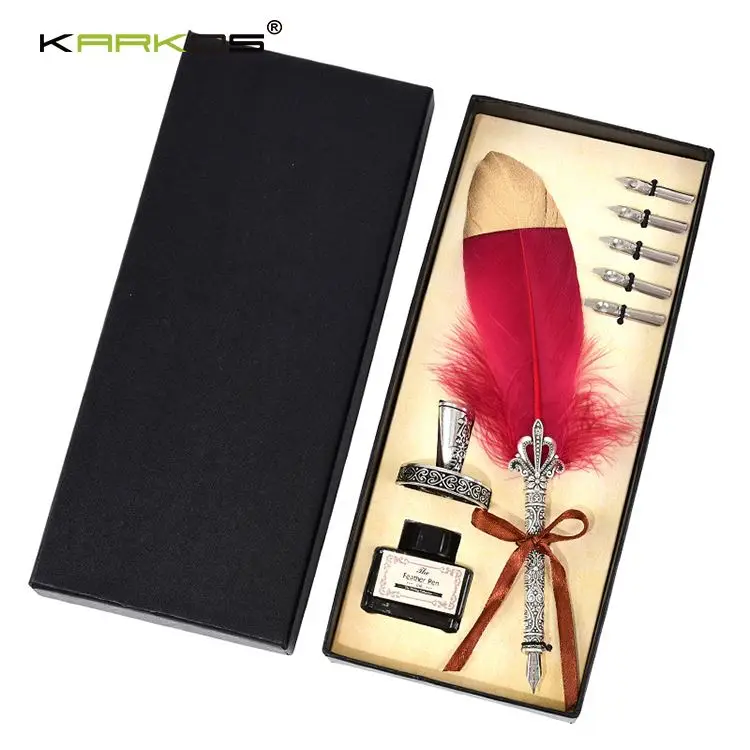 Calligraphy Peacock Feather Quill Ink Dip Pen Set Writing Antique ...