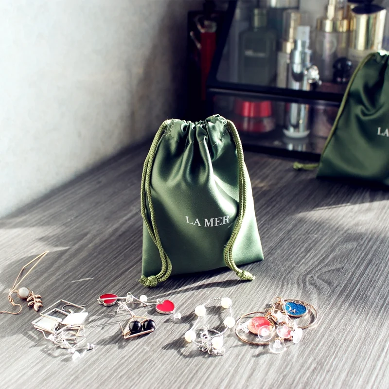 Customized Custom Logo Small Silk Satin Drawstring for Cosmetic Hair Wig Jewelry Bundles Dust Packaging Pouch Bag With Logo