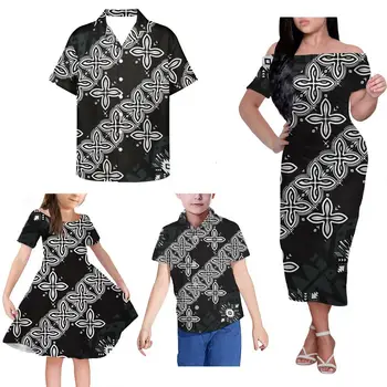 Traditional Ethnic Style Tapa Design Retro Sublimate Off Shoulder Dress Sexy Short Dresses Family Set Parent-child 4 pcs/set