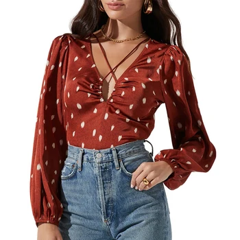 Custom women's red blouse polka dot printed lantern sleeves tops sexy ruffle neck satin ladies' blouse