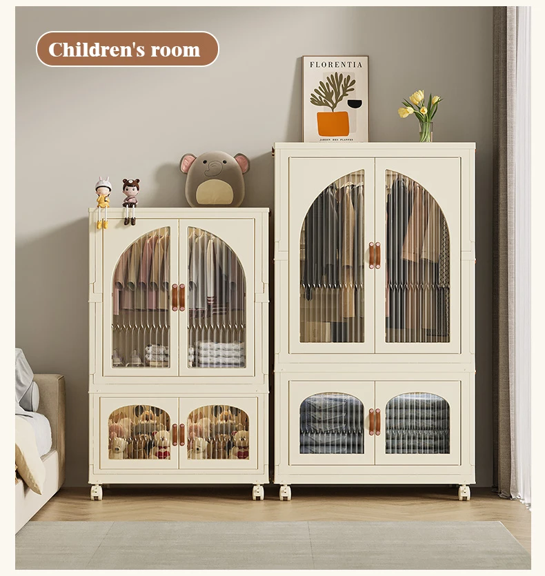 Modern Double-Door Folding Clothes Organizer Cartoon Styled Baby Children's Wardrobe Storage Cabinet Plastic Material Bedroom