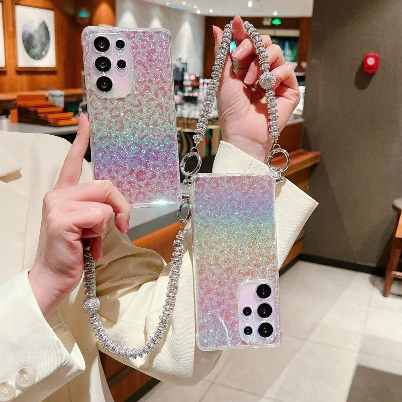 Gril's Leopard Pattern Gradient Glitter TPU Lanyard Case for Samsung Galaxy A16 A26 A36 A55 A35 A54 A52 A34 A33 Cover