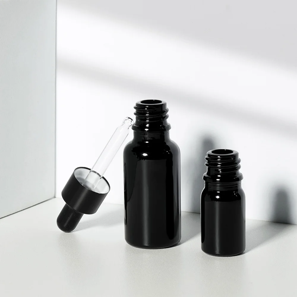 Custom Logo Printing 5ml 10ml 15ml 20ml 30ml 50ml 100ml Cosmetic Essential Oil 1 oz Shiny Black Glass Dropper Bottle With Box