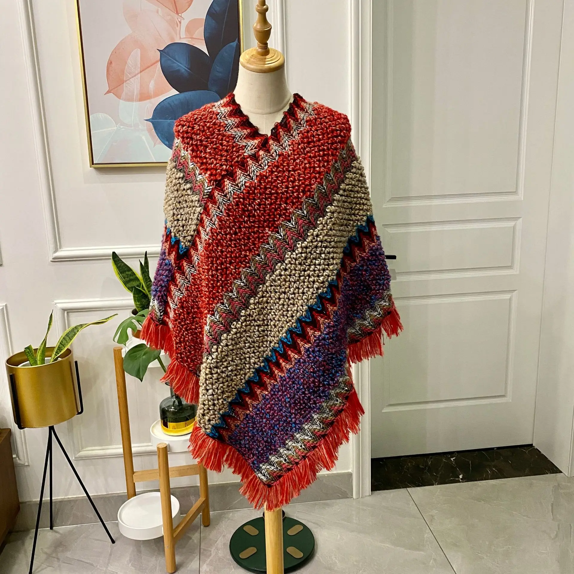 Ethnic Cape Dualpurpose Cloak Sweater Red Warm Scarf Travel Cloak Coat