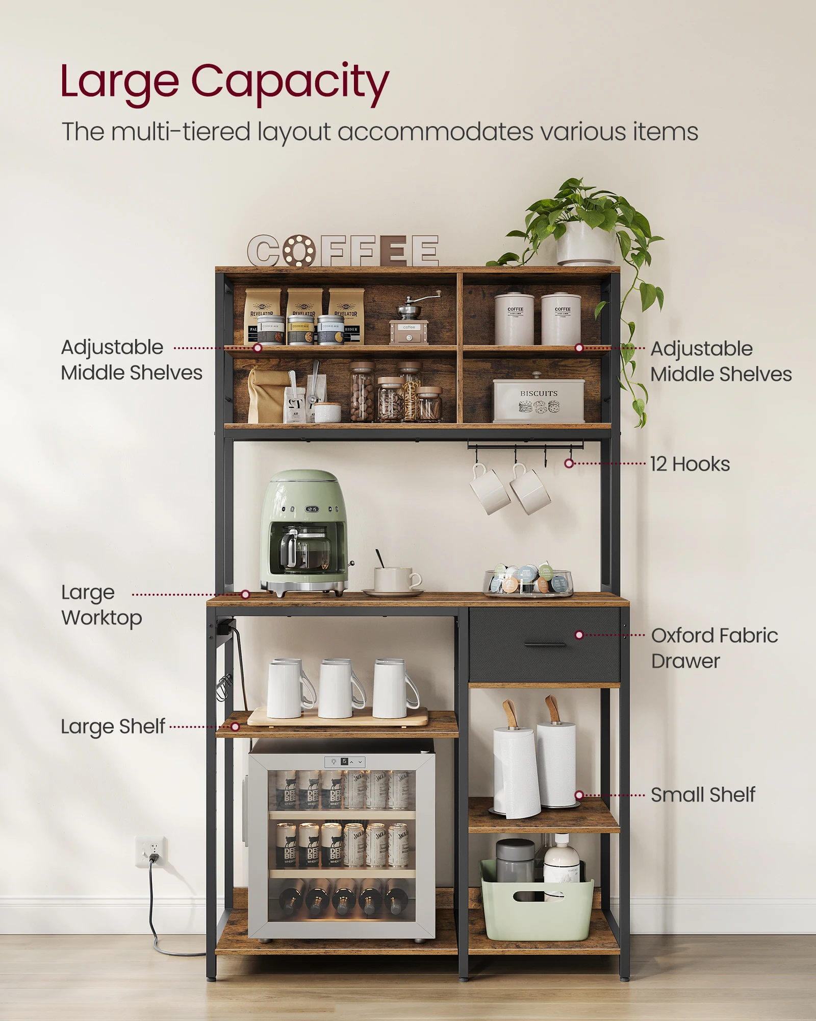 VASAGLE 12 Hooks Coffee Bar Stand with Adjustable Storage Shelves Bakers Rack with Drawer