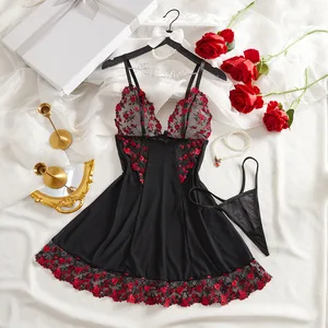 2026 Cross-Border European & American Sexy Nightgown Set Black Mesh with Rose Embroidery Sheer and Sensual Lingerie Set