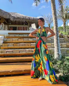 2026 New Arrival Printed Hollow Out Long Dress Bikini Set with Beach Skirt - Sexy Backless Design - Cross-border Trade