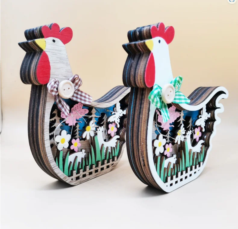 High Quality Carved Multi Layer Easter Egg Chicken With LED Light Wood Table Decorations for Home Wooden Animals Carving Crafts