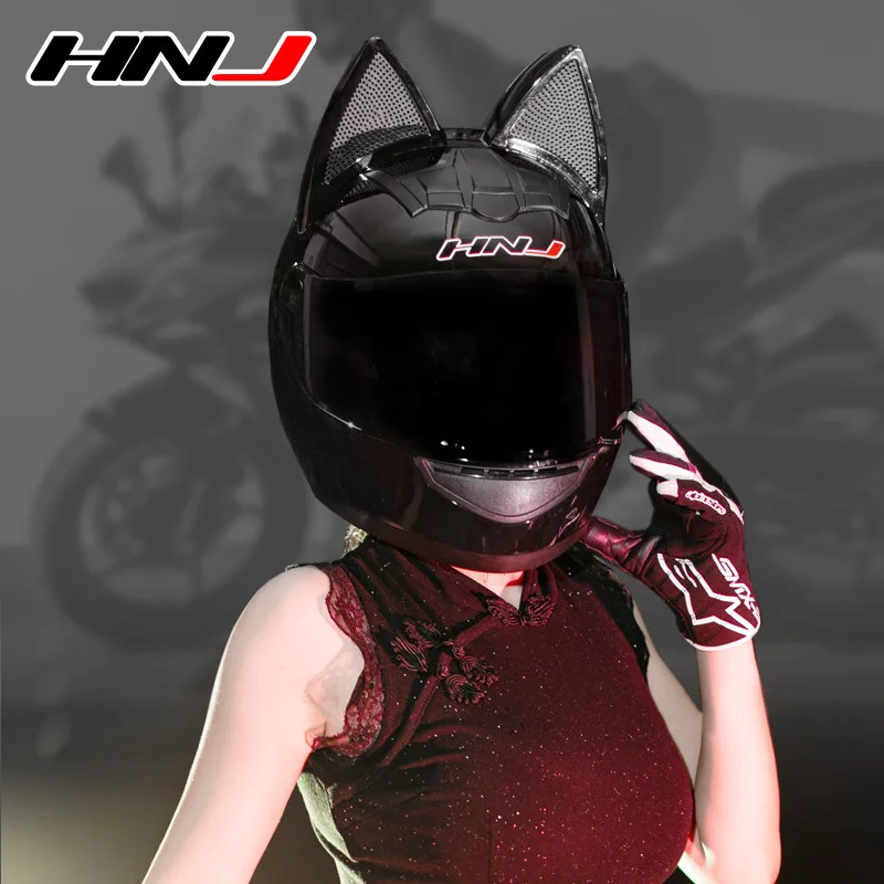 Black & Red HNJ Motorcycle Helmet with Cat Ears