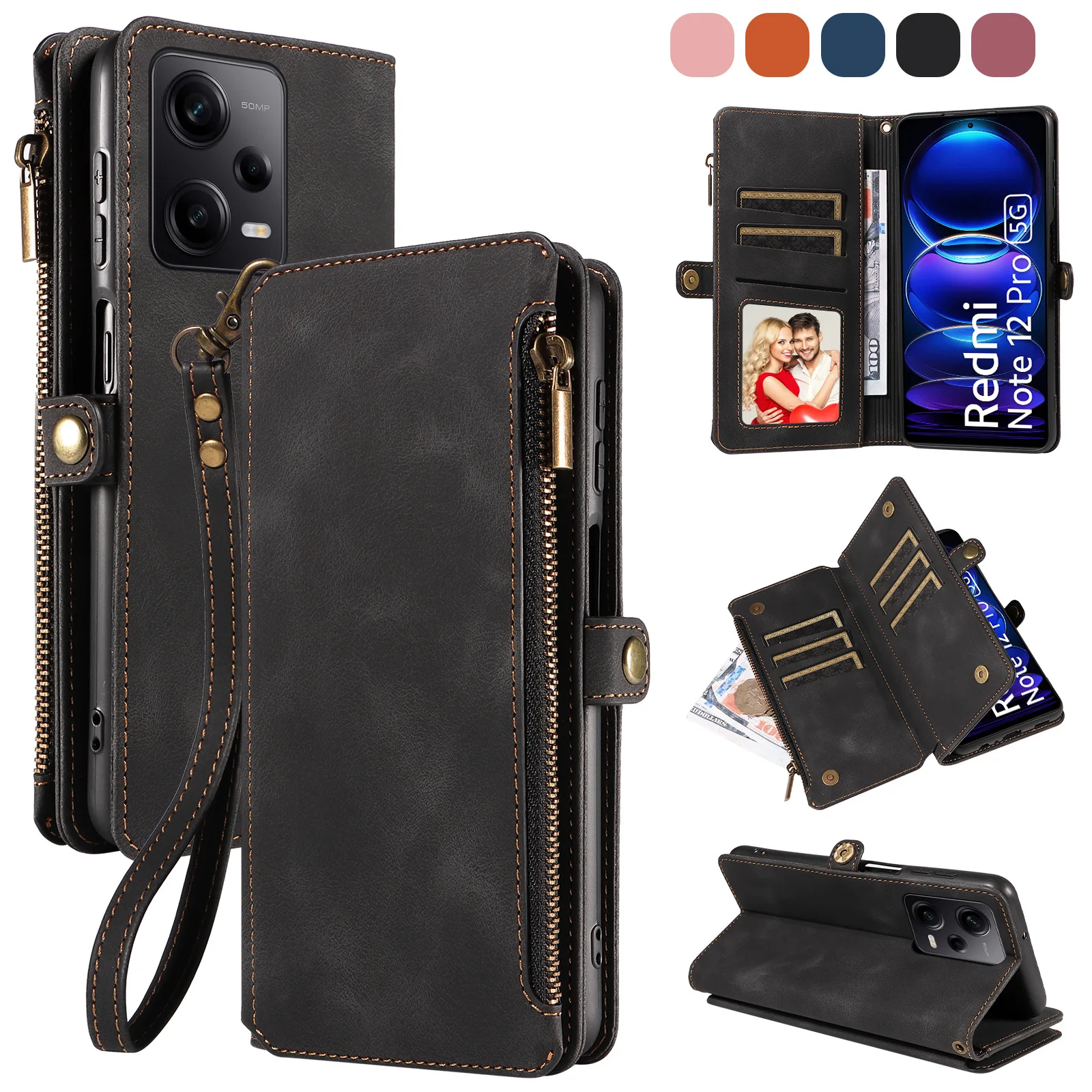 Pure Color Leather Retro Leather Wallet Flap Case Business Mobile Phone Case For Redmi 12 13 Pro Plus 4G 5G A3 K70 details