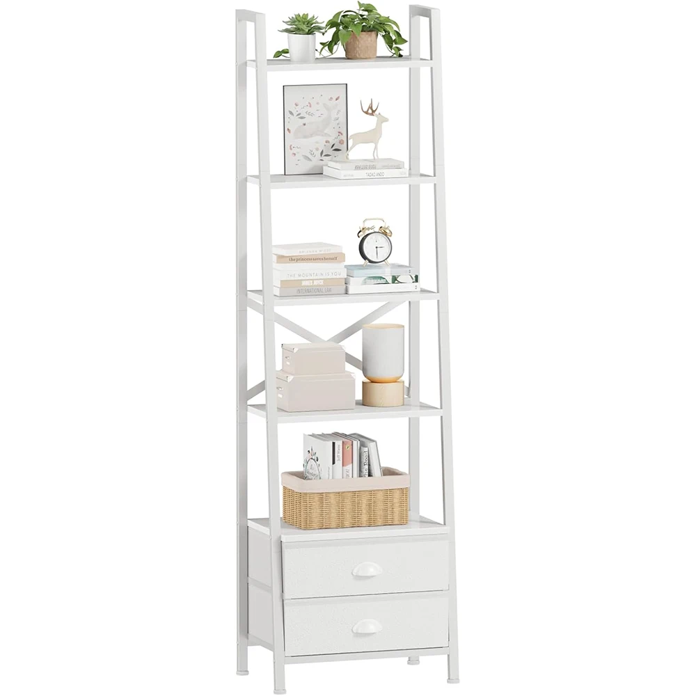 product 5 tier ladder shelf 2 drawers modern narrow bookshelf storage shelves freestanding rack units for bedroom living room home-0