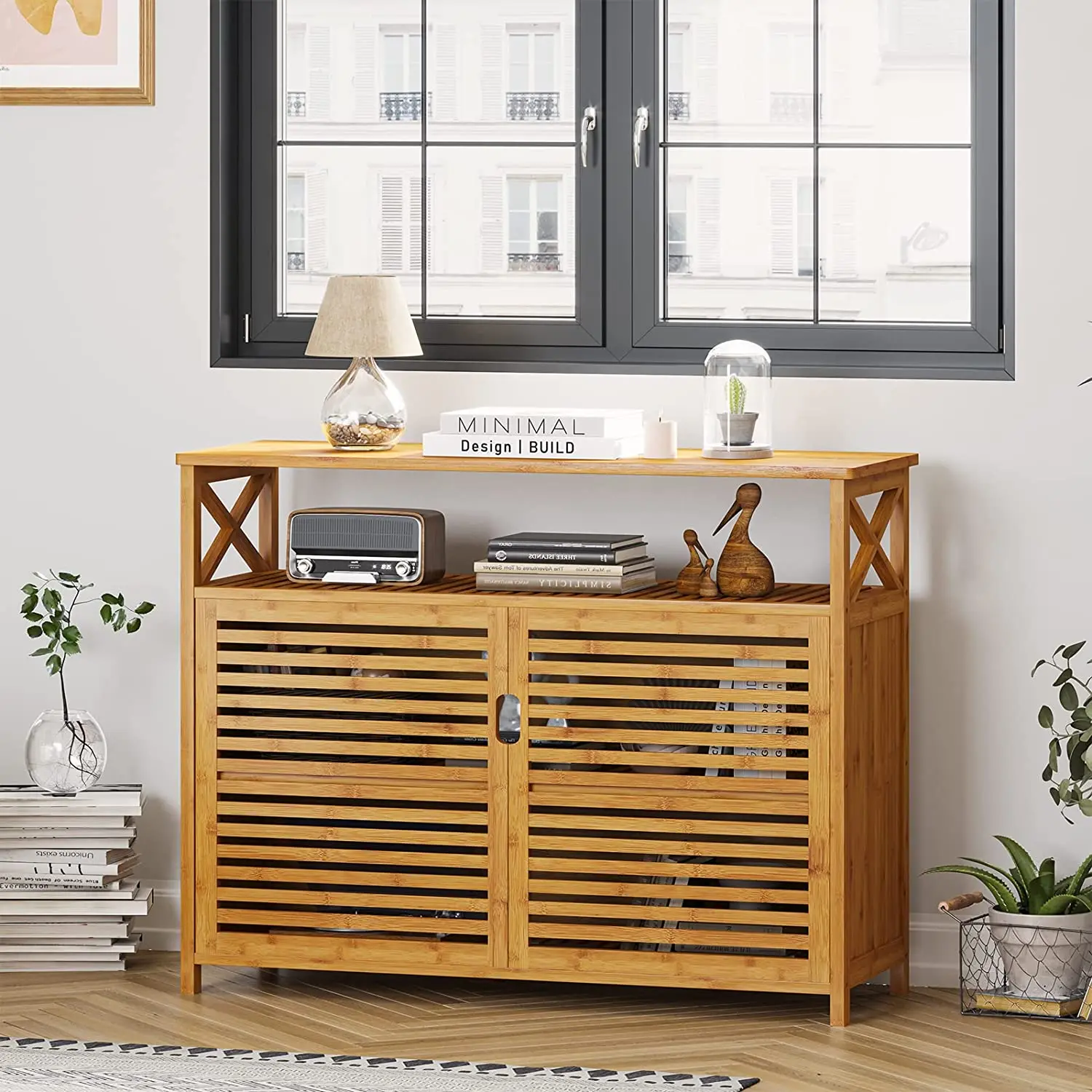 Kchenbuffet-Sideboard, Bambus-Aufbewahrungsschrank mit 2 Tren und  Prsentationsregalen, Buffet-Servierschrank, Freistehend