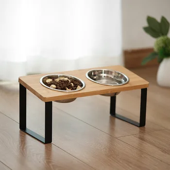 Stainless Steel Cat and Dog Bowls Creative Wooden Cat Bowl Heightening Rack Protect Spine Pet Feeder