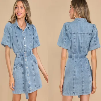 Cross-border Spring/Summer New Fashion, Sexy, Loose and Casual Denim Short-sleeved Dress Women's Wear