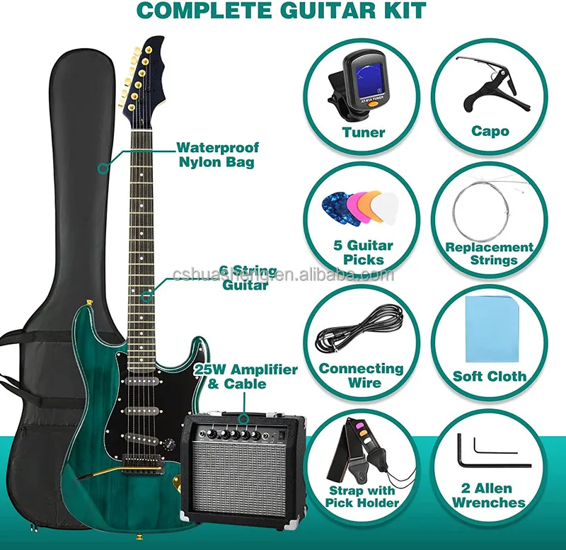 Popular 39 Inch Electric Guitar Kit Full Size Ripple Green St Beginner