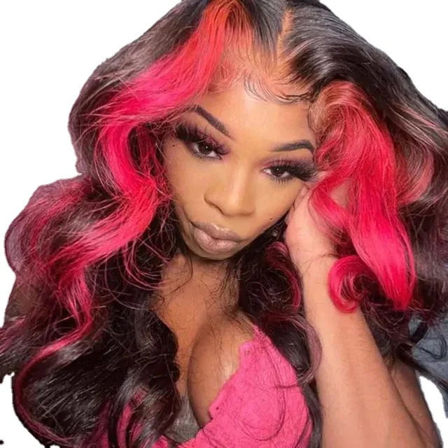 13x4 Highlight HD Lace Front Wigs Body Wave Skunk Stripe Pink Highlight Lace Wig