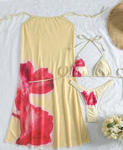 STOCK Two Colors Print Women 3Pieces Swimwear Triangle Top Brazilian Bikini and Skirt Set Cover Ups XS-L