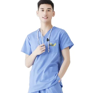 Hot Sale Men's V-Neck Scrub Suit Top and Pants for Hospital Uniforms